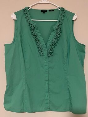 Talbots Emerald Green Ruffle-Trim Sleeveless Button Front Blouse Size 16